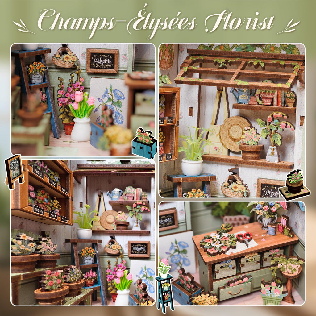 CUTEBEE Book Nook Kit - DIY Miniature House Dollhouse Kit for Adults and Teens, Booknook Tiny House Bookshelf 3D Wooden Puzzle, Gifts for Family (Champs-Élysées Florist)