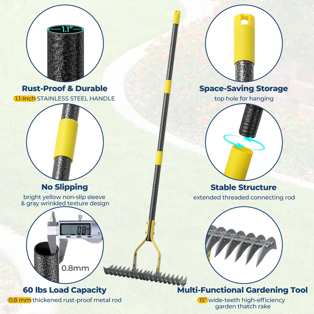 Rake, 70" Heavy Duty Metal Dethatcher Rake with 15" Wide Double-Edged Sharp Tines Thatch Rakes for Lawns,Mulch Dead Grass Removal, Loosening Soil,Lawn Care, Dethatching,Yard,Garden