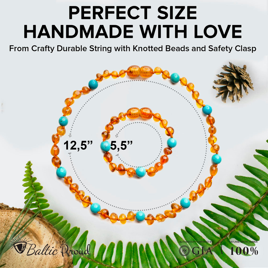 Baltic Amber Necklace & Bracelet Gift Set, Cognac Turquoise, 12.5"/5.5"