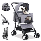 BLKMTY Dog Stroller 3-in-1 Folding Pet Strollers Cat 4 Wheels w/Storage Basket Dog Carrier Trolley One-Button Switch Travel Stroller with Safety Belt Detachable Carrier, Grey