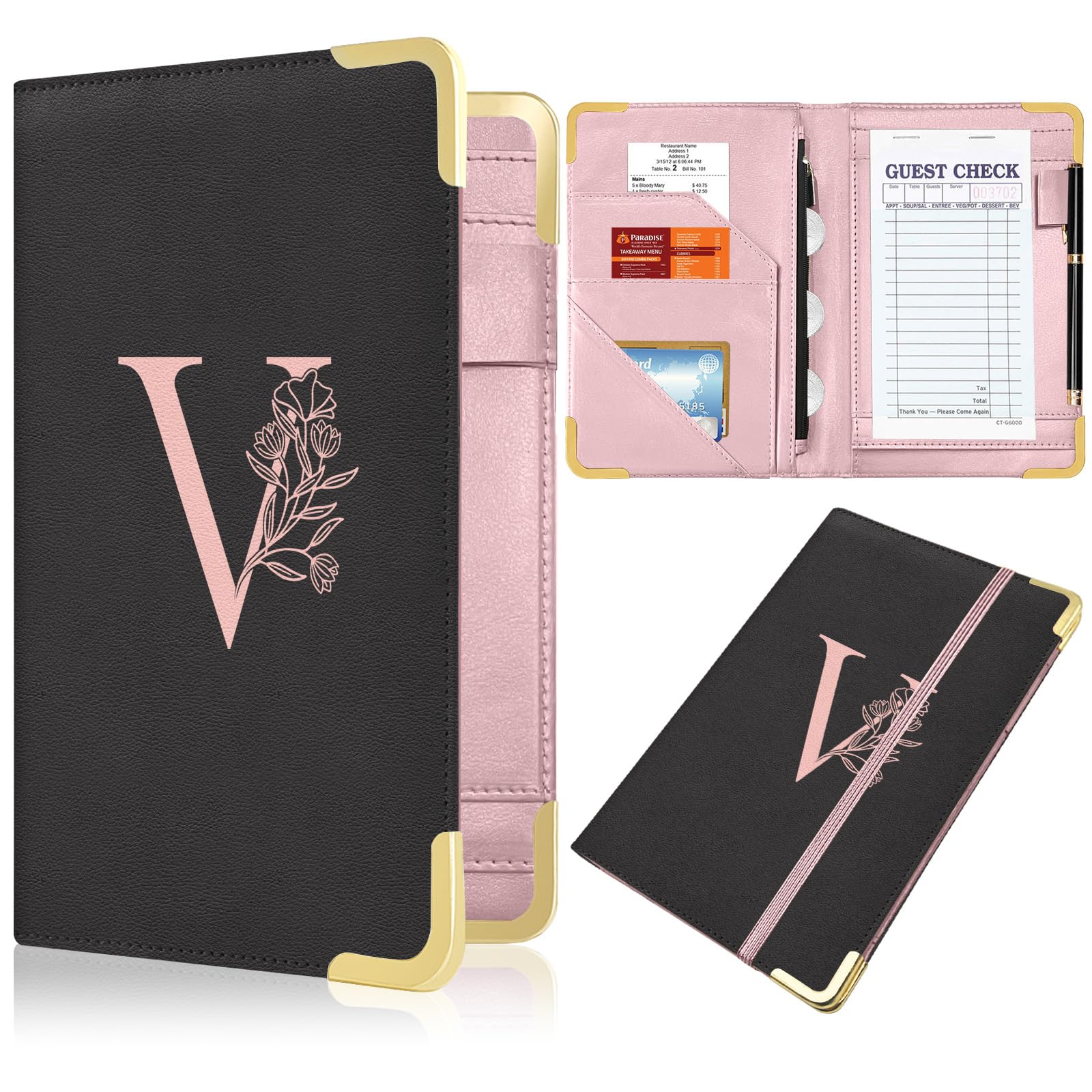YeeCASE Server Book, Alphabet Waitress Book for Waitress, Leather Waitess Book with Zipper Pocket, Server Manual Checkbook Fits Server Apron (V)