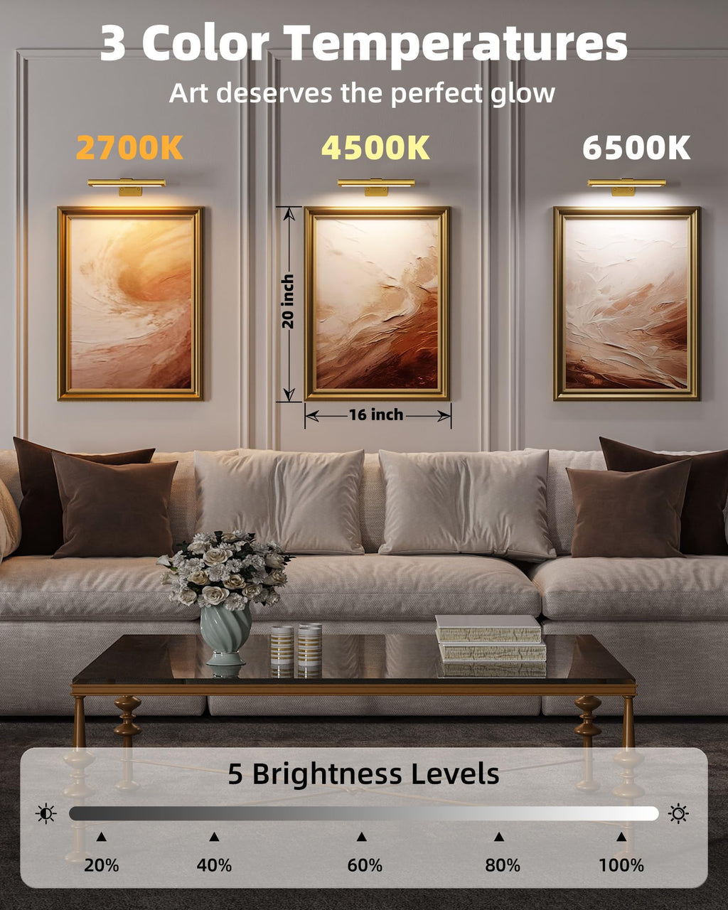 EZVALO Picture Light for Wall, Rechargeable 2400mAh Battery Lights Wireless with IR Remote, 3 Color & Dimmable Magnetic 7.87'' LED Lights Display for Painting, Living Room, Gallery, Bedroom(Gold-3P)