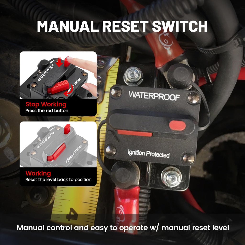 RED WOLF 50A Amp Circuit Breaker for Boat Trolling Motor Marine ATV Vehicles Stereo Audio Battery Solar System Inline Fuse with Manual Reset Switcher DC 12V-48V