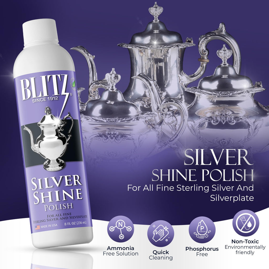 Blitz Silver Shine Polish Liquid Silver Polish for Sterling and Silverplate Jewelry, Dishes, Flatware, Fixtures, & Decor Non-Toxic, Non-Abrasive, & Planet Friendly Made in The USA 8oz Pack of 2