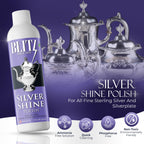 Blitz Silver Shine Polish Liquid Silver Polish for Sterling and Silverplate Jewelry, Dishes, Flatware, Fixtures, & Decor Non-Toxic, Non-Abrasive, & Planet Friendly Made in The USA 8oz Pack of 2