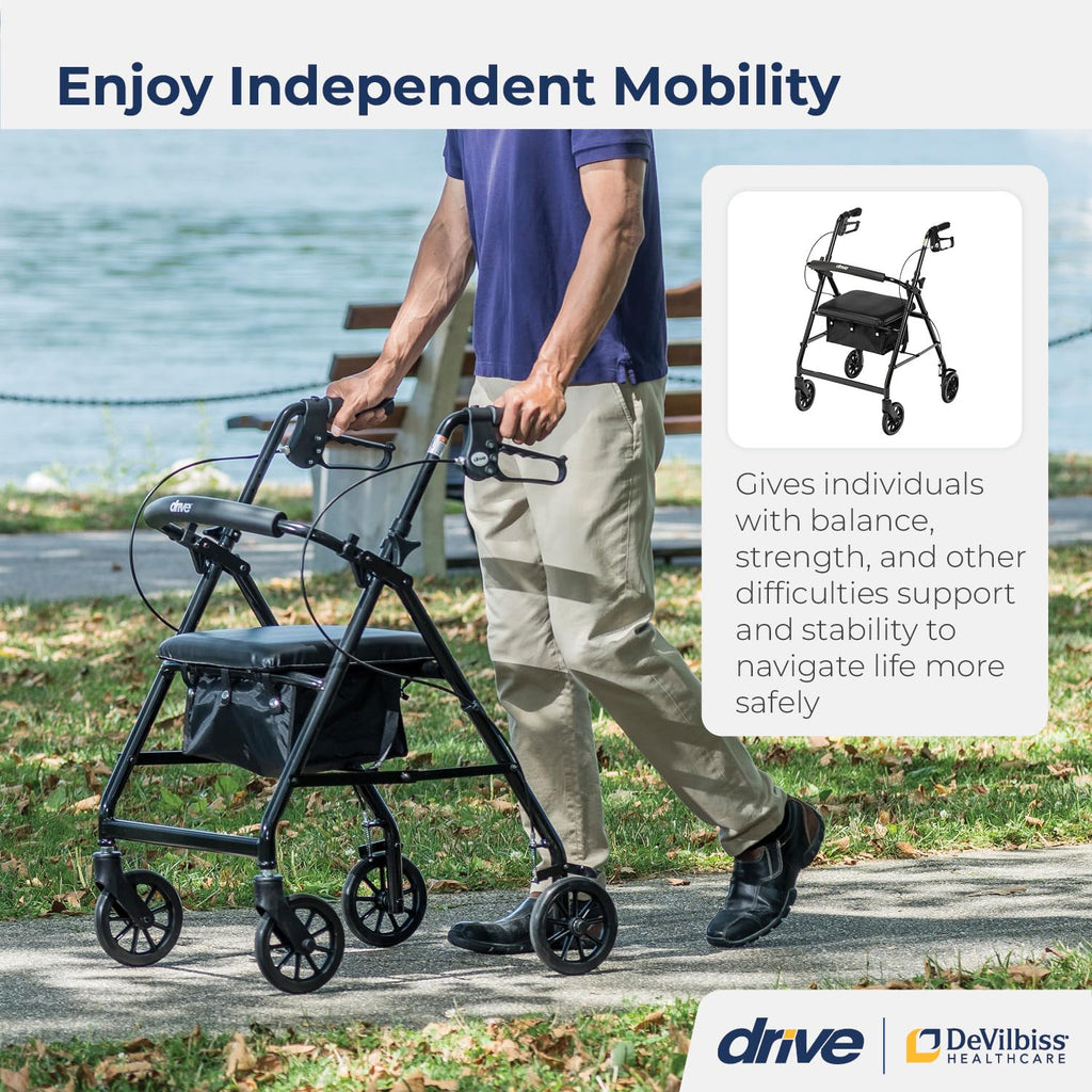 Drive Medical Aluminum Rollator Walker - Fold Up & Removable Back Support - Padded Seat - 6 Inch Wheels - Lightweight Portable Design - Indoor Outdoor Mobility Aid - Black