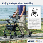 Drive Medical Aluminum Rollator Walker - Fold Up & Removable Back Support - Padded Seat - 6 Inch Wheels - Lightweight Portable Design - Indoor Outdoor Mobility Aid - Black