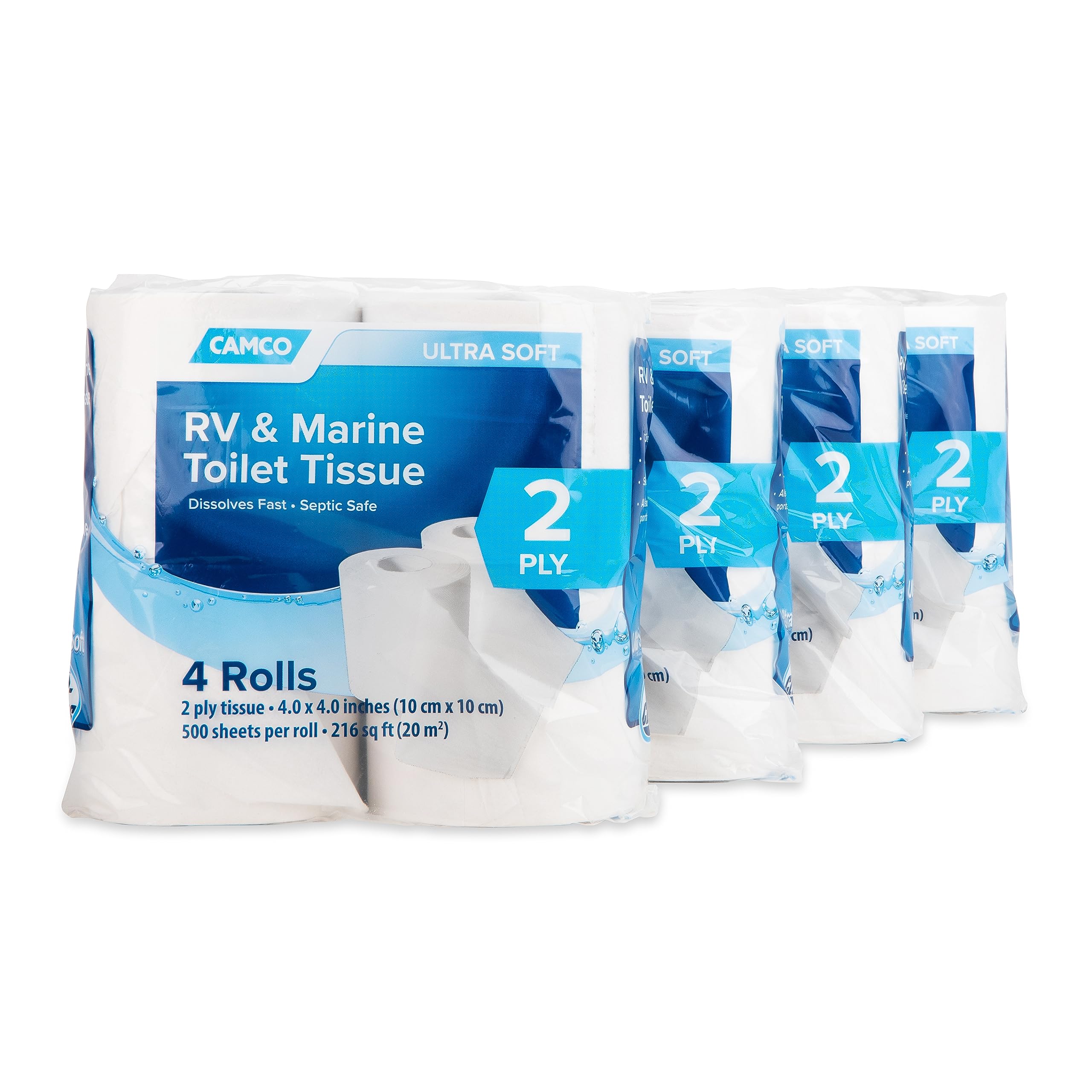 Camco Camper & RV Toilet Paper - 16-Rolls - 2-Ply Quick Dissolve RV Septic Safe Bath Tissue - Dye & Fragrance Free - 500 Sheets Per Roll (40282)