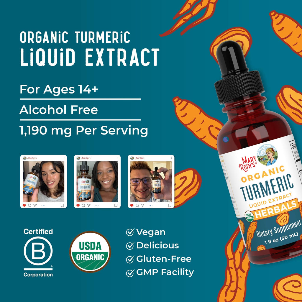 MaryRuth Organics Organic Turmeric Liquid Extract | Sugar Free | USDA Organic | Organic Turmeric Supplement | Non-GMO | Gluten Free | Vegan | Alcohol-Free Tincture | 1 Fl Oz