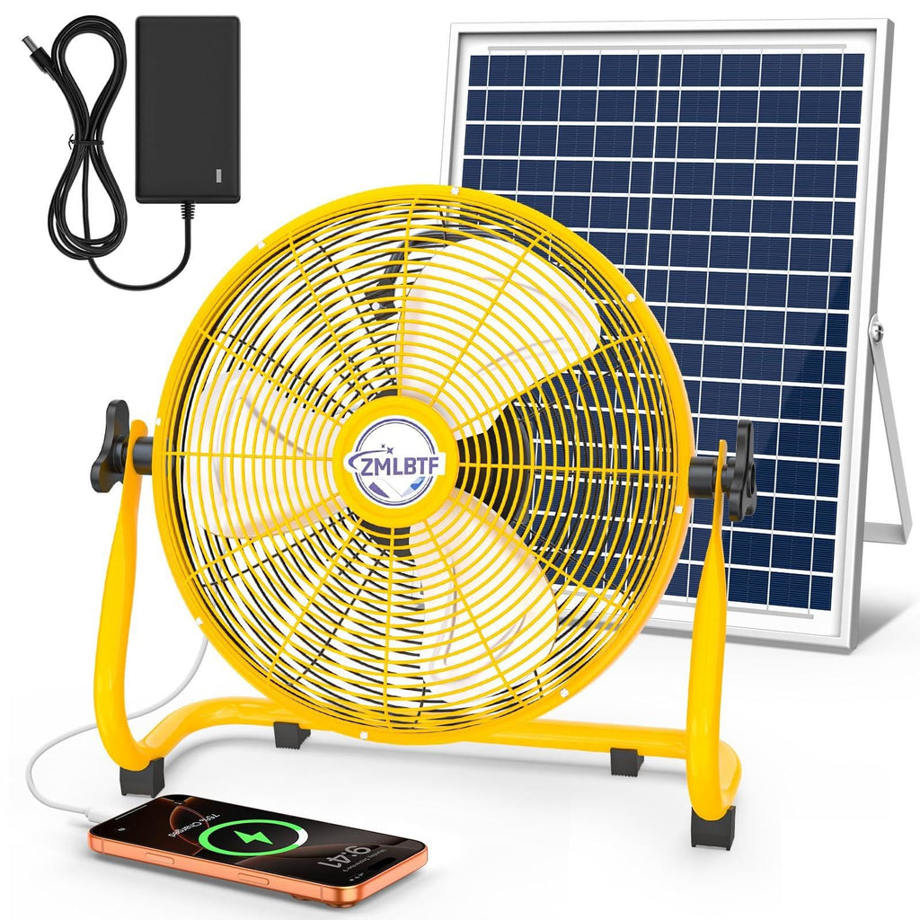 ZMLBTF 14" Solar Powered Fan with 20W Solar Panel & Rechargeable Battery, Portable, Quiet 12 Speed, 360° Tilt Head for Outside, Camping, Travel, Greenhouse, Chicken Coop, Patio, gazebo (Yellow)