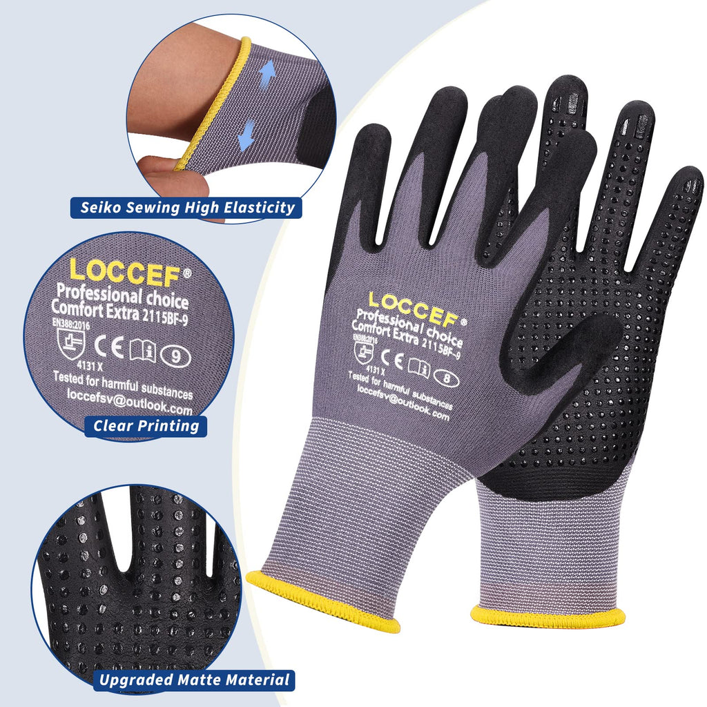 LOCCEF Work Gloves MicroFoam Nitrile Coated-6 Pairs,Endurance Seamless Knit Nylon,Dots on palm,Tacky Dot Grip Gloves