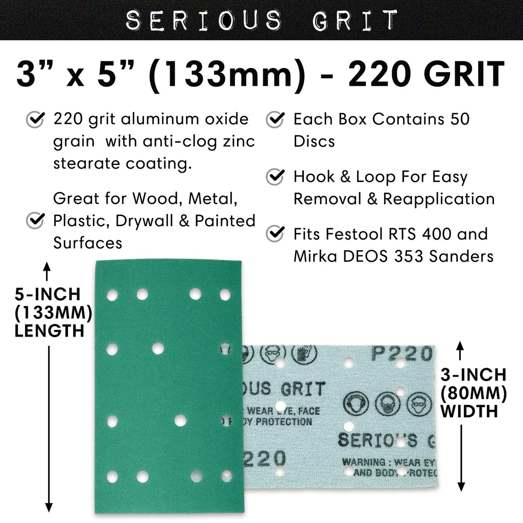 Serious Grit - 3" x 5" (80mm x 133mm) 14-Hole 220 Grit Sanding Sheets - Fits Festool RTS 400 & Mirka Deos 353 - Heavy-Duty Hook & Loop Film Abrasives - Sandpaper for Sheet Sanders - 50 Pack Box