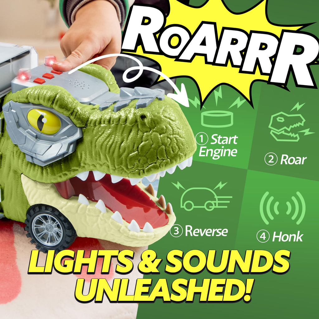 JOYIN Dinosaur Truck Toys for Kids Age 3-8, 12 Pull Back Car Vehicles, Transport Truck With Music, Roaring Sound, Flashing Lights, 1 Helicopter