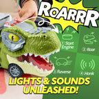 JOYIN Dinosaur Truck Toys for Kids Age 3-8, 12 Pull Back Car Vehicles, Transport Truck With Music, Roaring Sound, Flashing Lights, 1 Helicopter