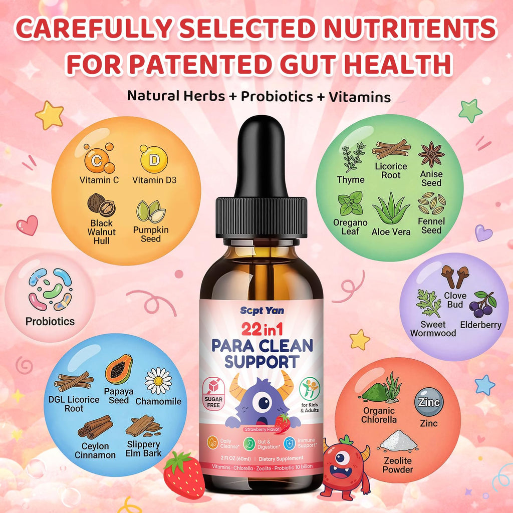 SEPT YAN 22 in 1 Parasite Cleanse for Humans & Kids, Herbal Gut Cleanse Liquid Drops with Wormwood, Black Walnut, Clove, Chlorella, Oregano, Digestive Health Support - Strawberry Flavor, 2 Fl Oz