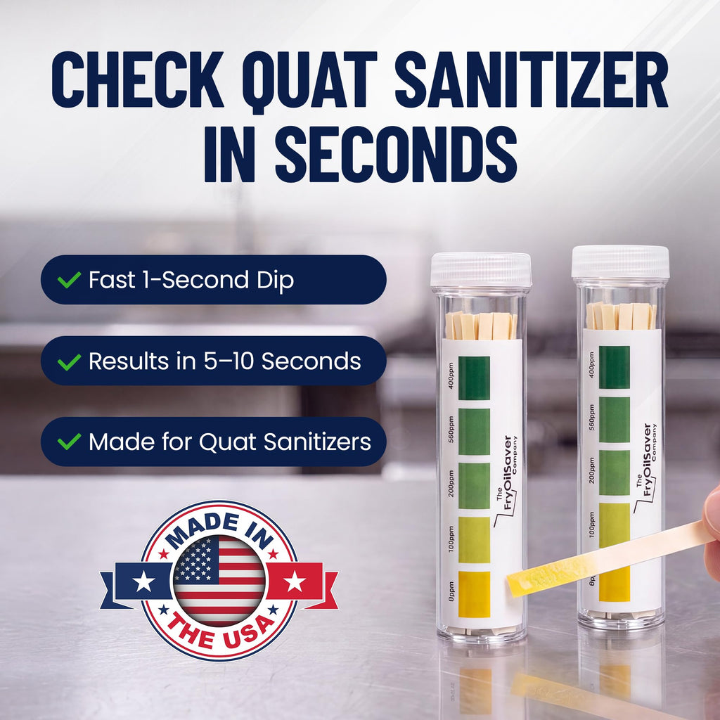 100 Pack Quat Sanitizer Test Strips for Sanitizing Solution – Quaternary Food Service Test Kit for Restaurant Kitchen - QAC QR5 0-500 ppm - 1 x 100-Strip Vials (1 Pack) by FryOilSaver Co.
