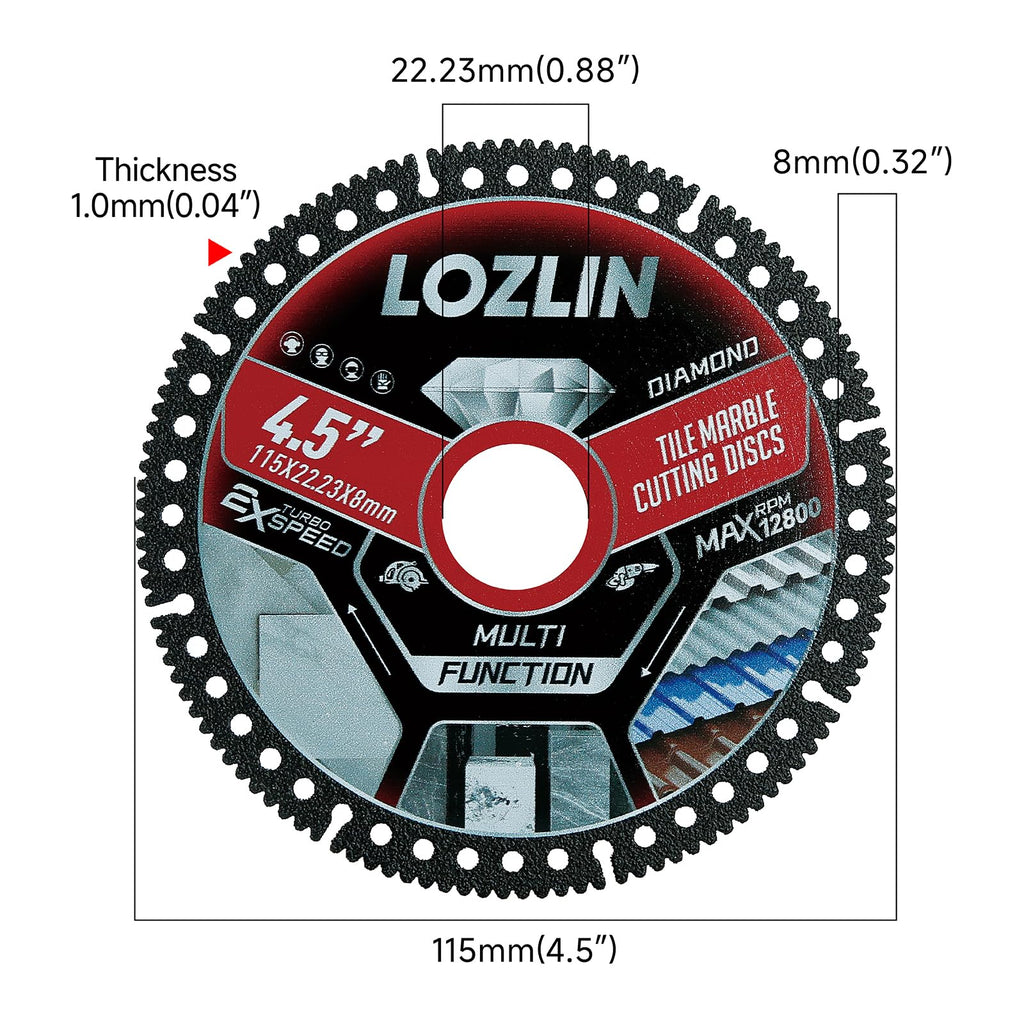 LOZLIN Diamond Blades 3PCS 4.5" Diamond Blade for Tile Cutting - No Chipping Ultra-Thin Dry Cut Blade - Fits Angle Grinder for Marble, Ceramic, Porcelain Tile (Diamond grit 60–70)
