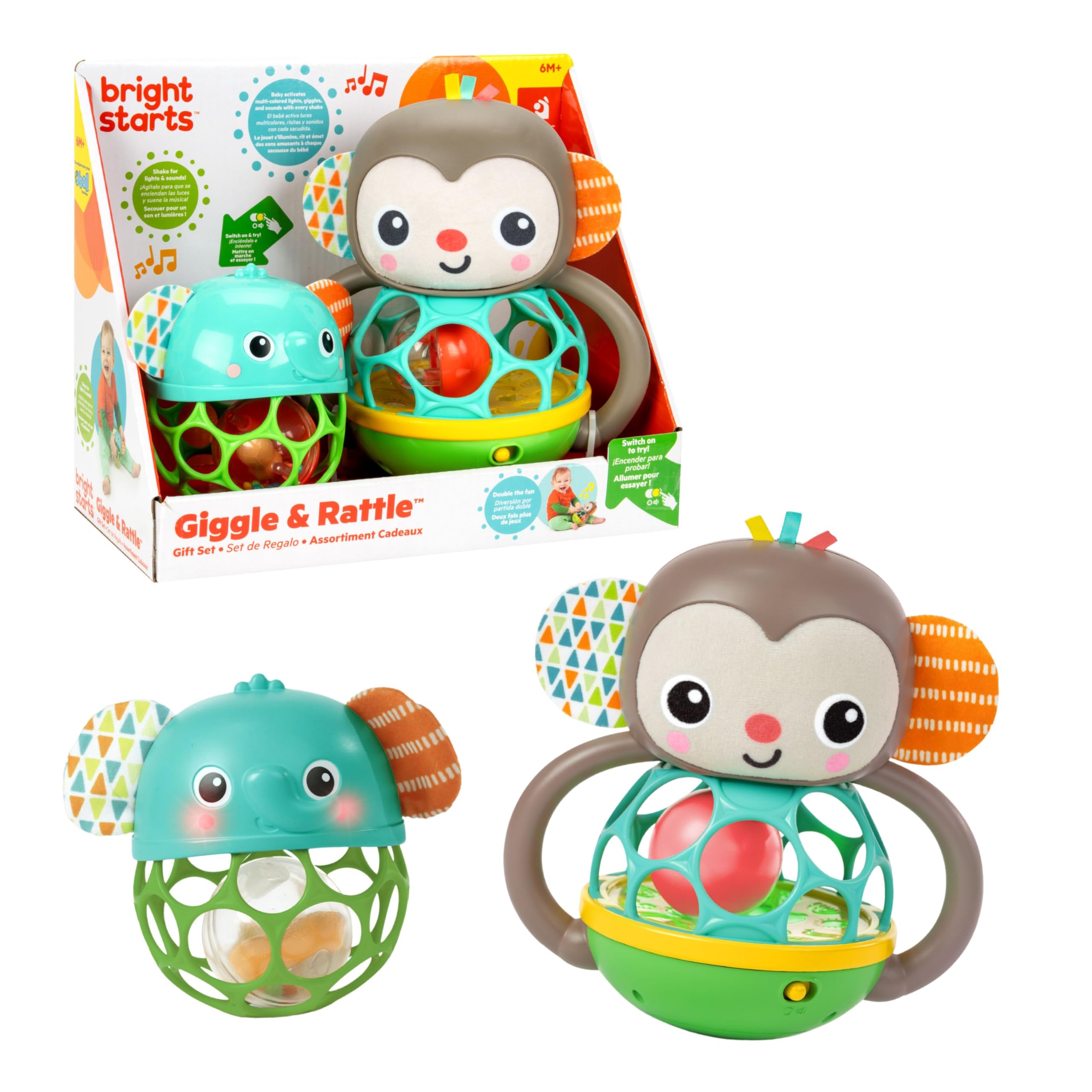 Bright Starts Giggle & Rattle Gift Set - Musical & Sensory Baby Toys 2-Pack, Elephant & Monkey, Unisex, Newborn+