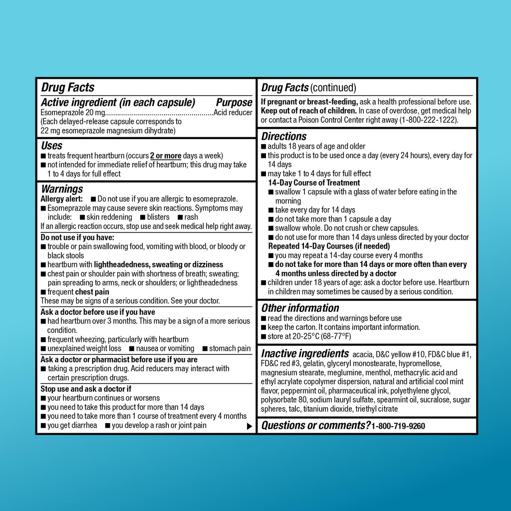 Amazon Basic Care Esomeprazole Magnesium Delayed-Release Capsules 20 mg, Acid Reducer, Treats Frequent Heartburn, Cool Mint Flavor, 24 Hour Heartburn Medicine, 14 Count