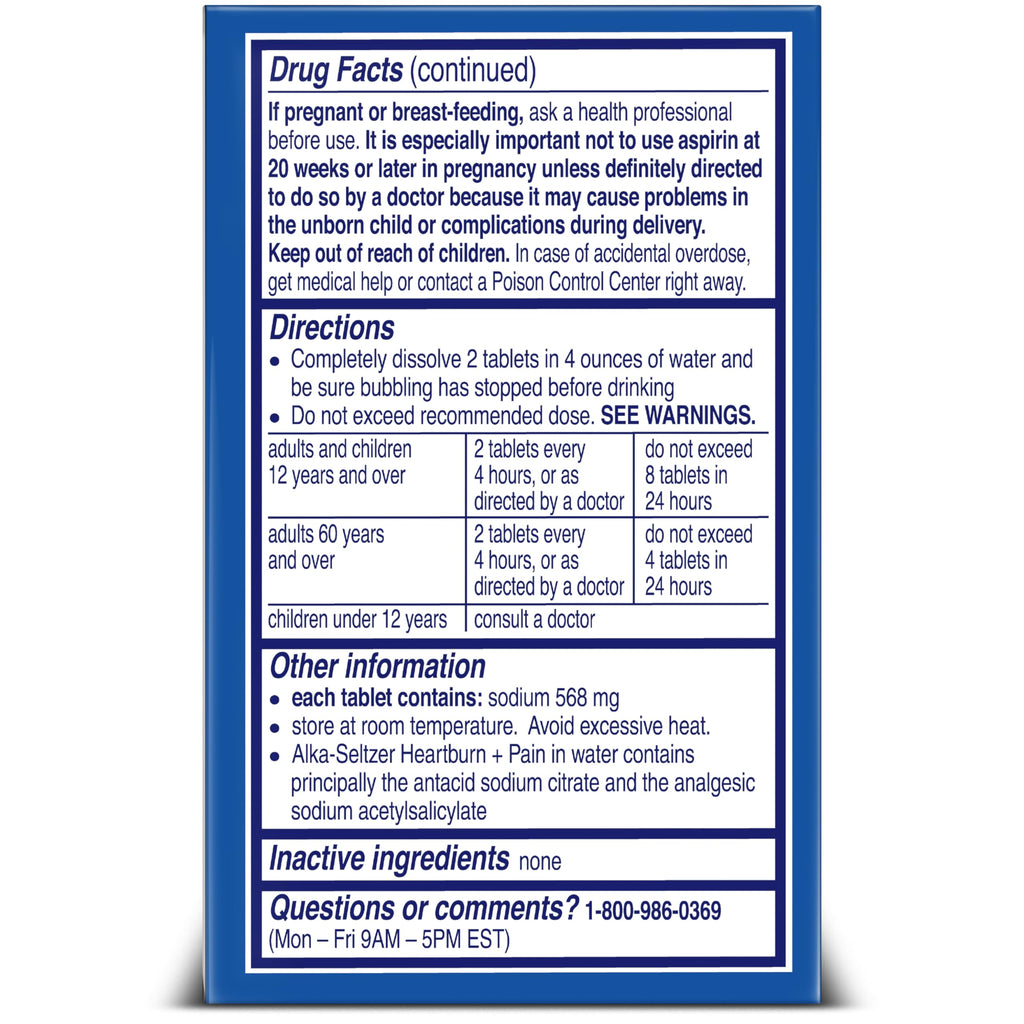 Alka-Seltzer Heartburn + Pain Effervescent Aspirin + Antacid Tablets, Fast Heartburn Relief and Acid Indigestion Relief, Pain Relief with Aspirin, 12 Ct
