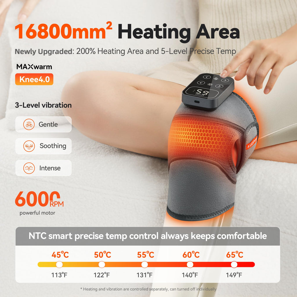 IKEEPFIT Cordless Knee Massager with Heat Vibration for Pain Relief, MAXwarm 4.0[2026 Upgraded] - Electric Heated Knee Brace with 5 Heat Levels and 3 Massage Mode, Gifts for Men Women (Grey, Pair)