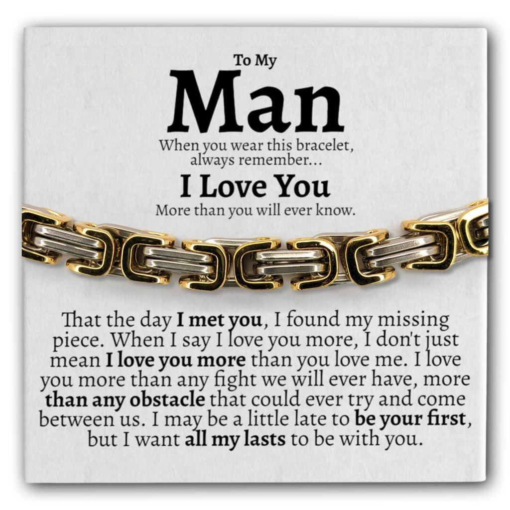 Love You This Much To My Man Cuban Link Bracelet for Him, Romantic Birthday Gifts for Him, Jewelry for Him, Best Gifts for Husband from Wife (Silver-Gold, Stainless Steel)