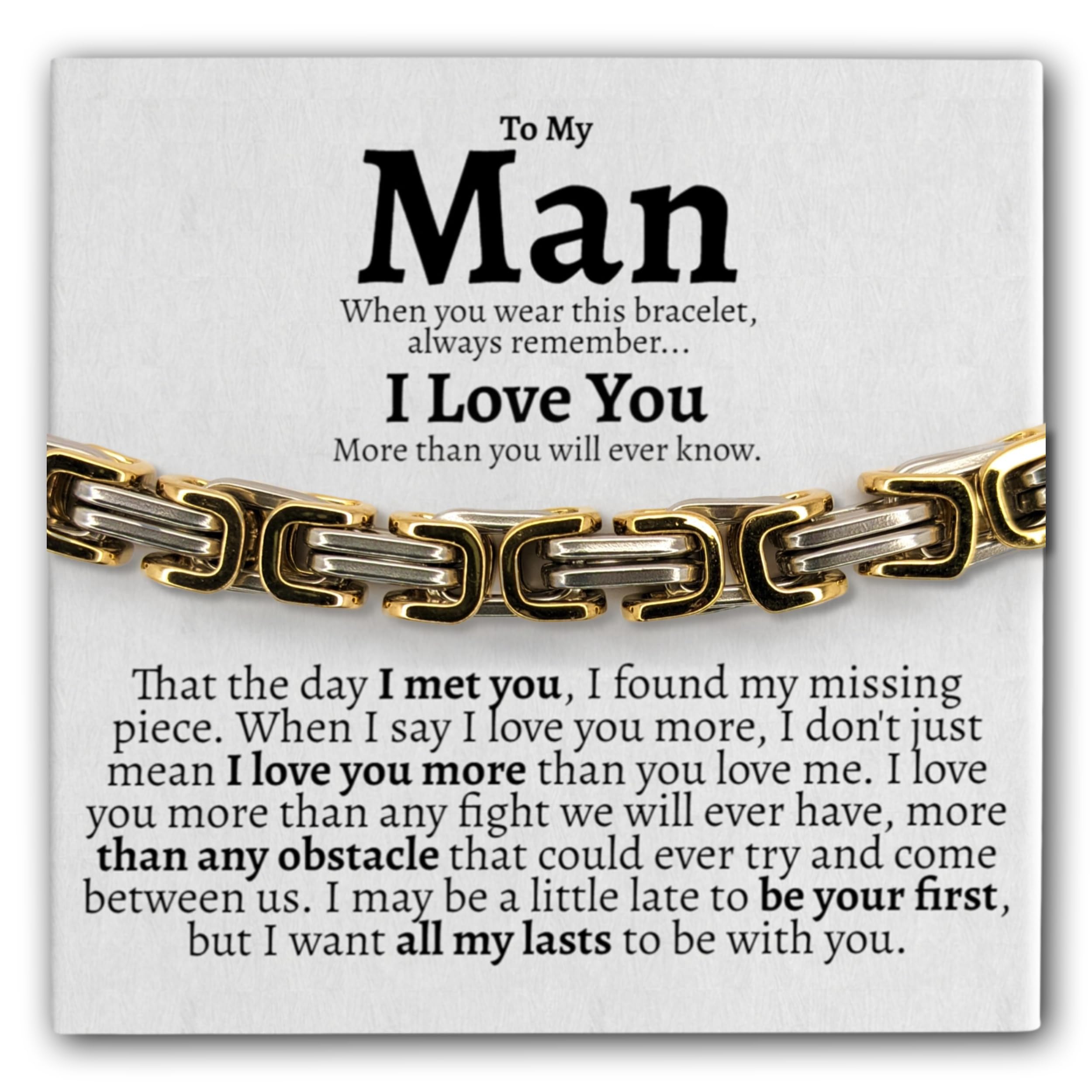 Love You This Much To My Man Cuban Link Bracelet for Him, Romantic Birthday Gifts for Him, Jewelry for Him, Best Gifts for Husband from Wife (Silver-Gold, Stainless Steel)