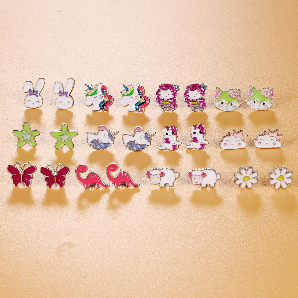 60 Pairs Cute Earrings Set - Hypoallergenic Stainless Steel Studs with Cartoon Characters, Colorful Faux Pearls & Sparkling Cubic Zirconias (#1)