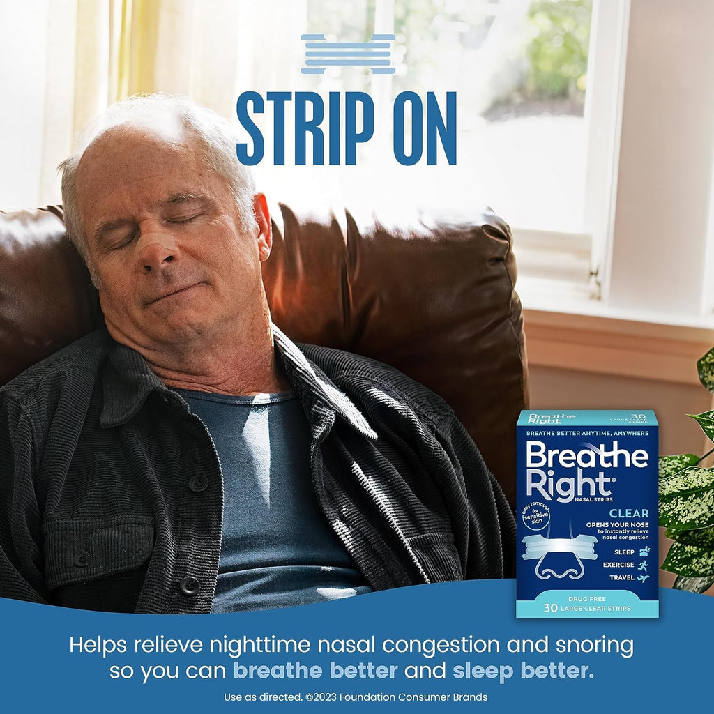 Breathe Right Nasal Strips, Clear Large Nose Strips, Snoring, Nasal Congestion, Deviated Septum, Allergies, 30 Ct (Packaging May Vary)