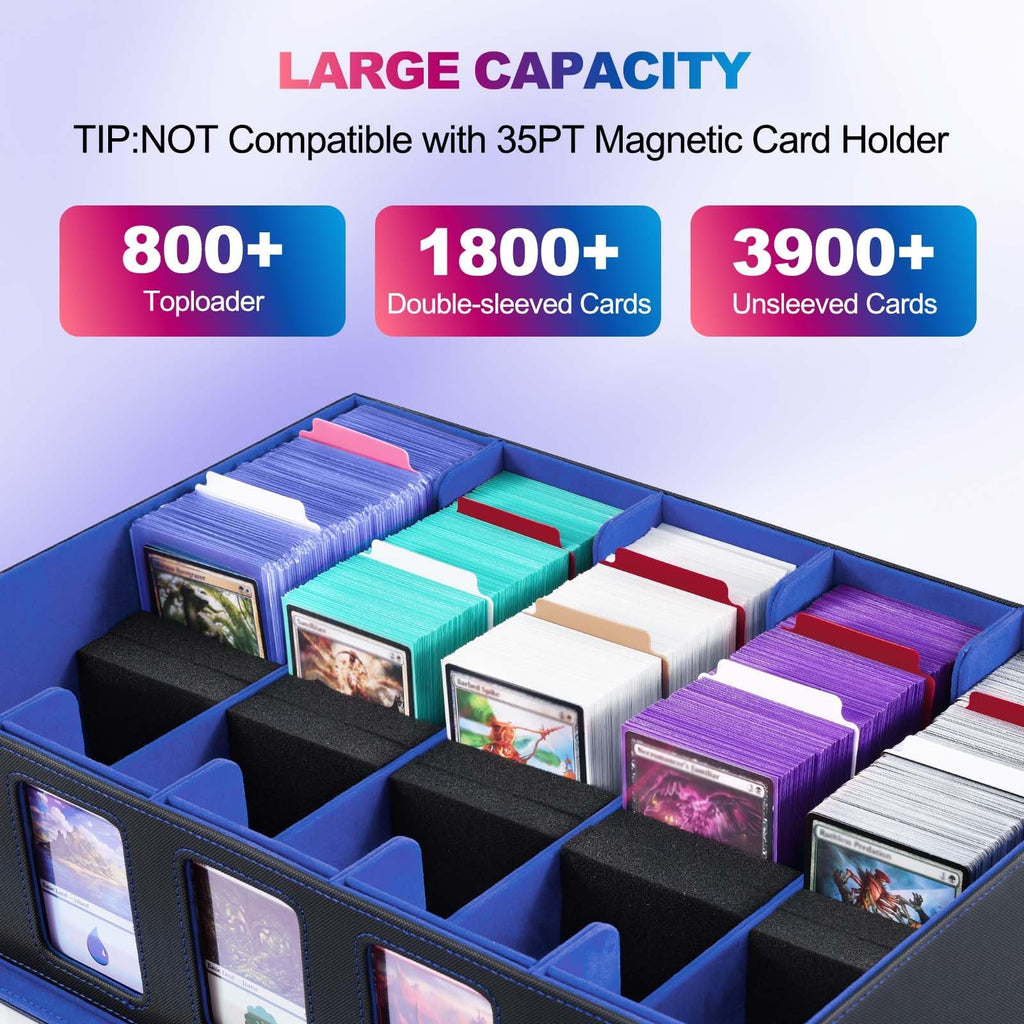 UAONO Trading Card Storage Box with Commander Display, 5 Row Magic Card Box with Handle & Aluminum Alloy Locking for 3900+ Unsleeved Cards Suits for MTG PTCG TCG Sports Cards (Black Blue)