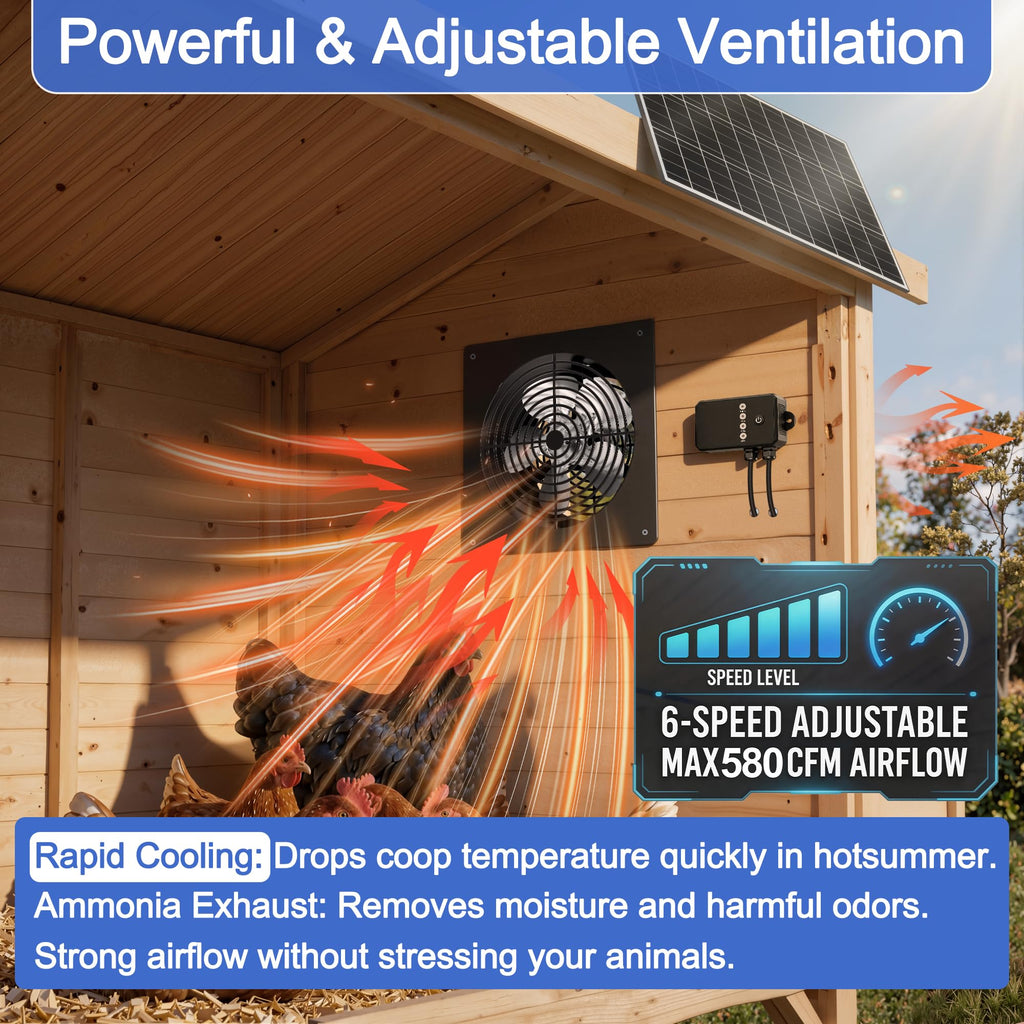10-Inch 15W Solar Fan with Timer & Remote, Reversible Intake Exhaust Vent System for Chicken Coop, Greenhouse & Shed, Aluminum 6-Speed Airflow with 17ft Cable