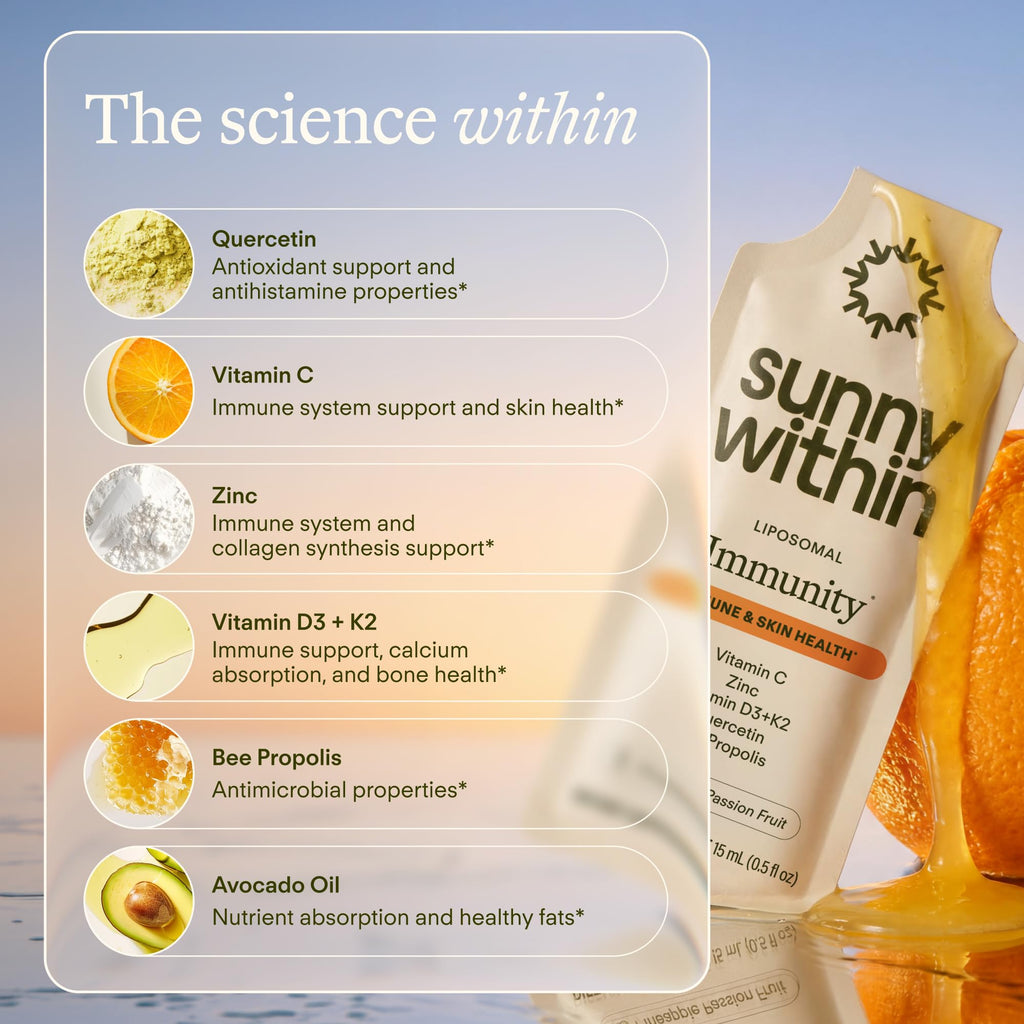 Sunny Within Immunity - Liposomal Vitamin C & Bee Propolis 6-in-1 Packets with Zinc, D3 + K2, Quercetin, Avocado Oil - Antioxidant Liquid Supplement for Immunity, Skin & Bone* - 30 Pouches
