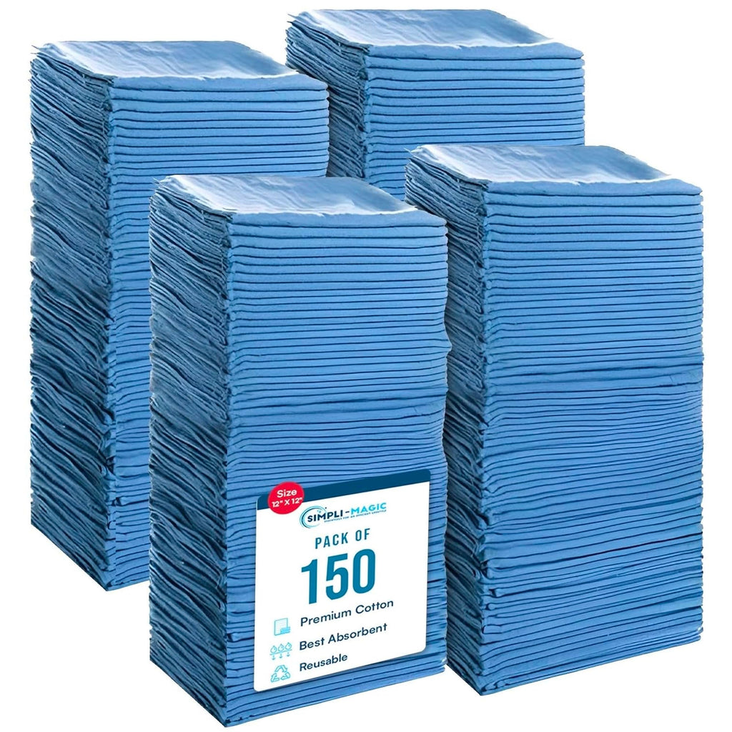 Simpli-Magic Cotton Shop Towels 14"x12" (150 Pack) – Reusable Cleaning Shop Rags for Automobiles, Industries, Garage and Homes (Blue)