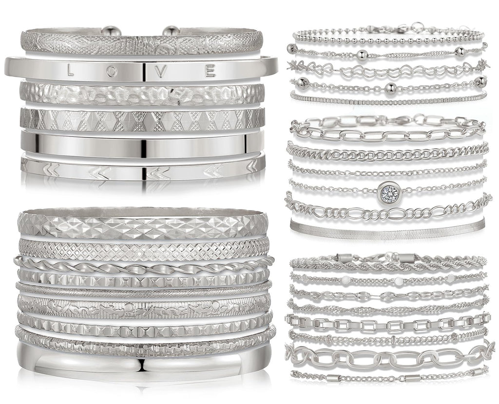 IFKM 5 PACK (35 PCS) Silver Chain Bangles Bracelets Set for Women, Silver Multiple Layered Stackable Open Cuff Bangle Anklet Bracelet Trendy Elegance Link Beads Italian Boho Cuban Jewelry for Women Gift