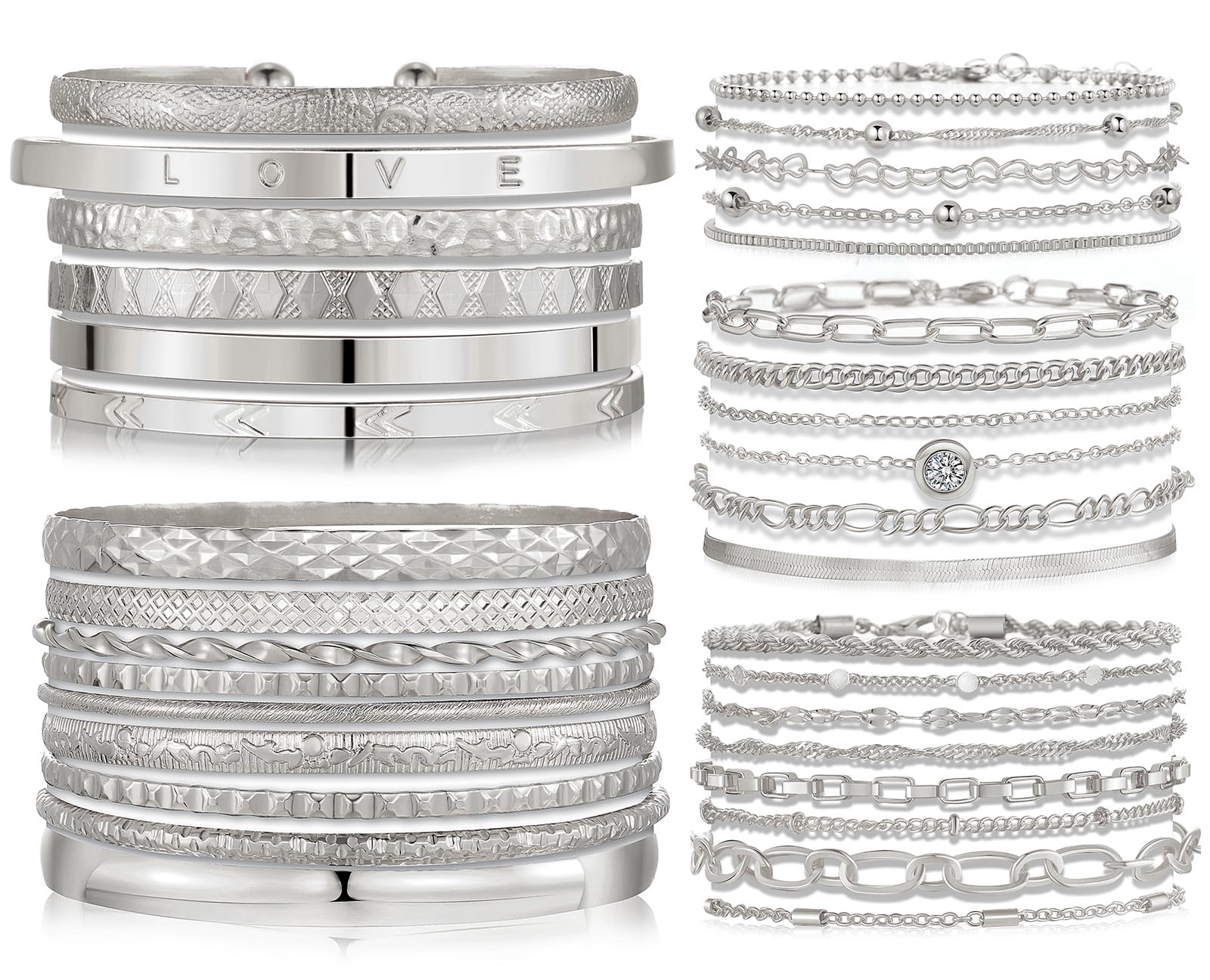 IFKM 5 PACK (35 PCS) Silver Chain Bangles Bracelets Set for Women, Silver Multiple Layered Stackable Open Cuff Bangle Anklet Bracelet Trendy Elegance Link Beads Italian Boho Cuban Jewelry for Women Gift
