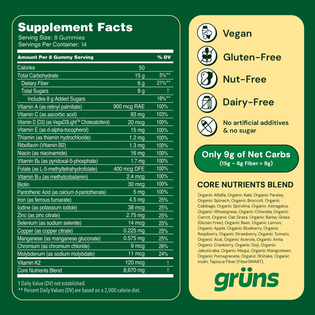 Gruns Adult Super Greens Gummies, 10 Pack, Superfood Gummy Bears with Spirulina, Chlorella & Prebiotics for Digestive Health, Adaptogens Supplement with 20 Vitamins & Minerals, Low Sugar