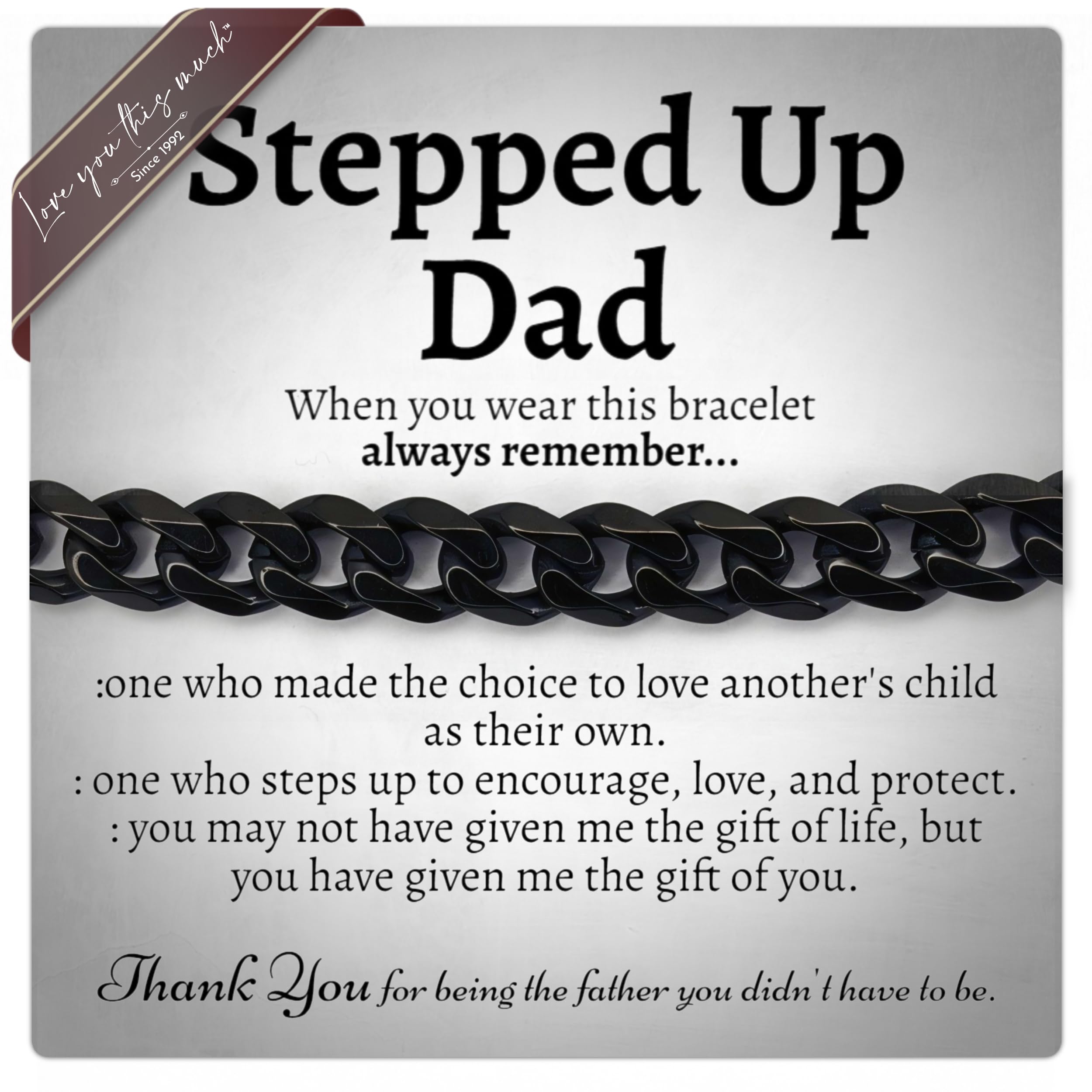 Love You This Much Stepped Up Dad Cuban Link Bracelet, Gifts for Stepfather, Birthday Gifts for Stepdad, Christmas Gift Ideas for Step Dad (Onyx Black, Stainless Steel)