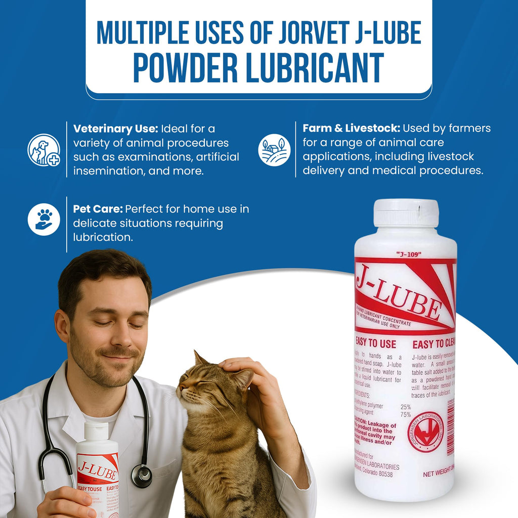 JorVet J-Lube Powder Lubricant | Easy-Mix Formula, Non-Irritating & Mess-Free | 10oz Bottle Makes 6-8 Gallons | Trusted for Veterinary & Obstetrical Use | Safe, Smooth & Easy to Clean | Red White