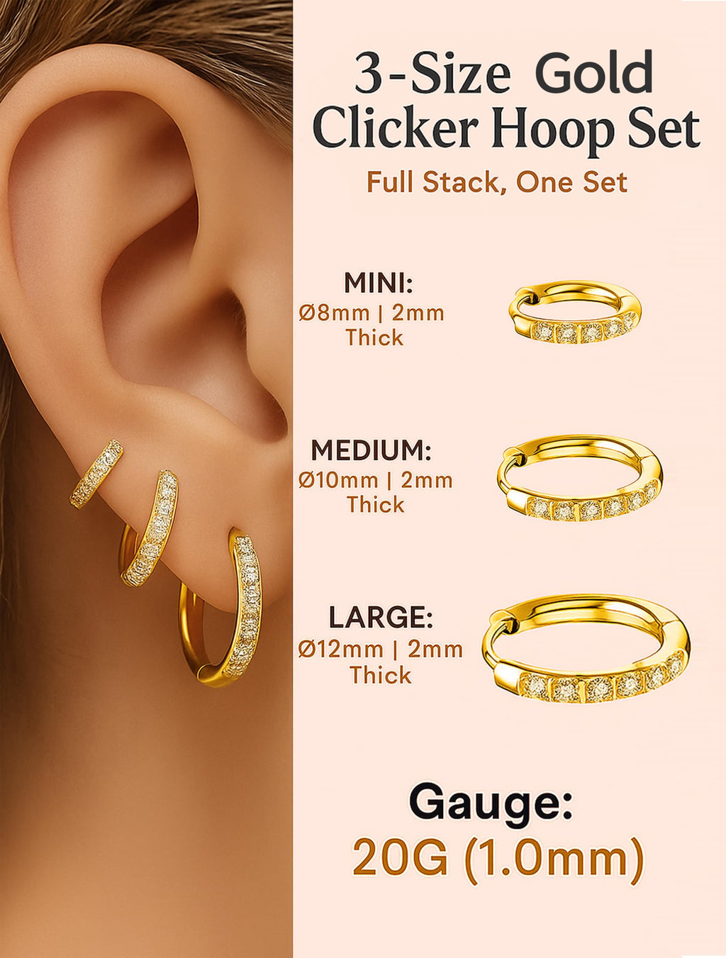 ENVYOU 316L Surgical Steel Huggie Hoop Earrings (Gold,18G 8/10/12mm)