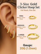 ENVYOU 316L Surgical Steel Huggie Hoop Earrings (Gold,18G 8/10/12mm)