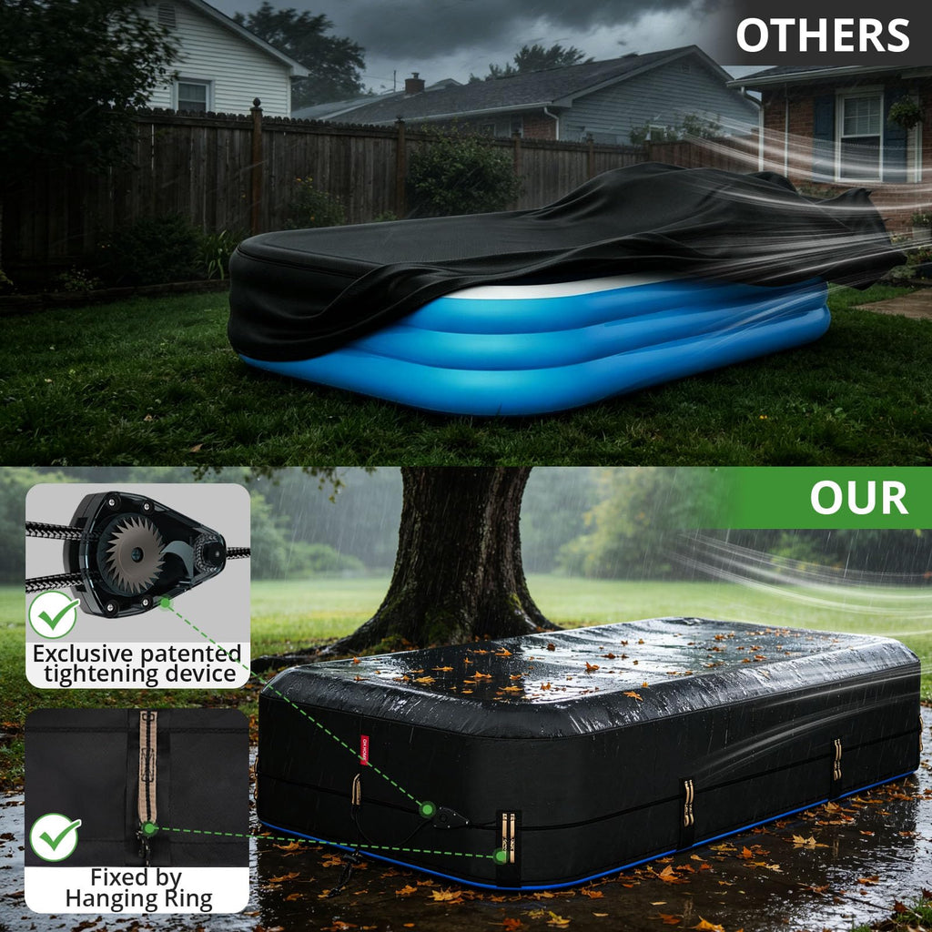 QH.HOME 90"x60" Rectangular Pool Cover for Inflatable Pool,Black Oxford Fabric Heats Water, Blocks Leaves & Sun, Windproof Snug Fit with Patented Ratchet & Weight Rings