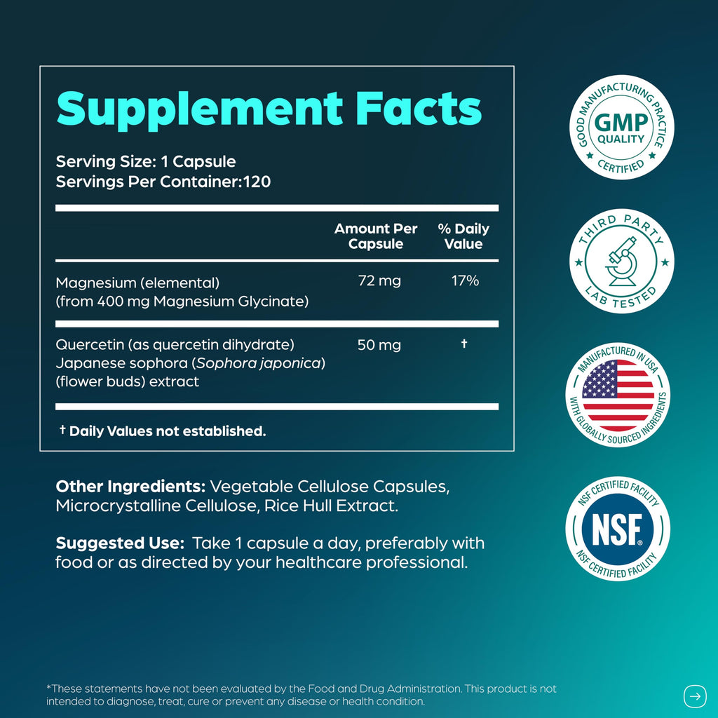 Magnesium Glycinate 400mg High Absorption Capsules with Quercetin | Quality Sleep, Relaxation & Muscle Health Supplement for Women and Men | Chelated Magnesium 120 Count (Pack of 1) | Easy to Swallow