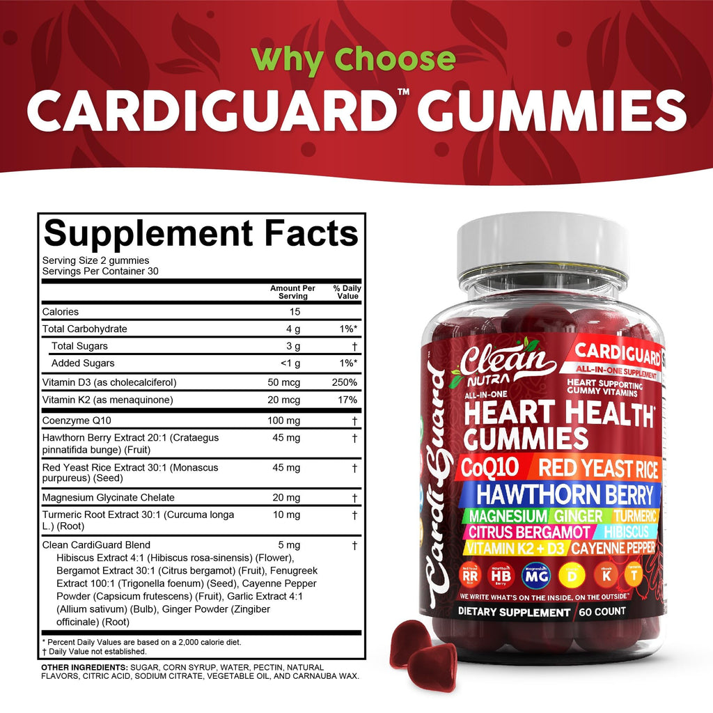 Clean Nutraceuticals Coq10 Gummies | Red Yeast Rice Hawthorn Berry Ginger Turmeric Citrus Bergamot Hibiscus Vitamin K2+D3 Magnesium Glycinate Cayenne Pepper Fenugreek Orange Flavor CardiGuard