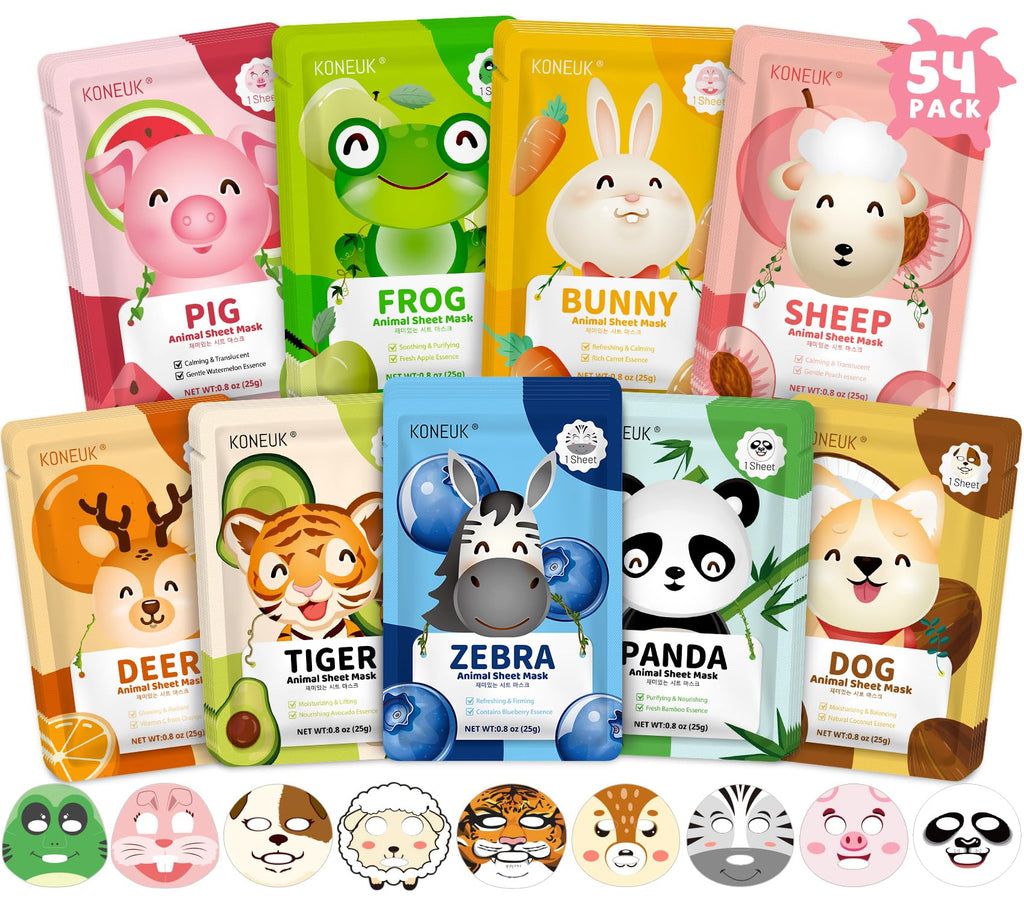 KONEUK 54 Pack Animal Kids Face Mask Spa, Bulk Collagen Hydrating Sheet Face Masks Skincare for Girls Teens, Easter Basket Stuffers, Birthday Gifts, Mothers Day Gifts for Mom