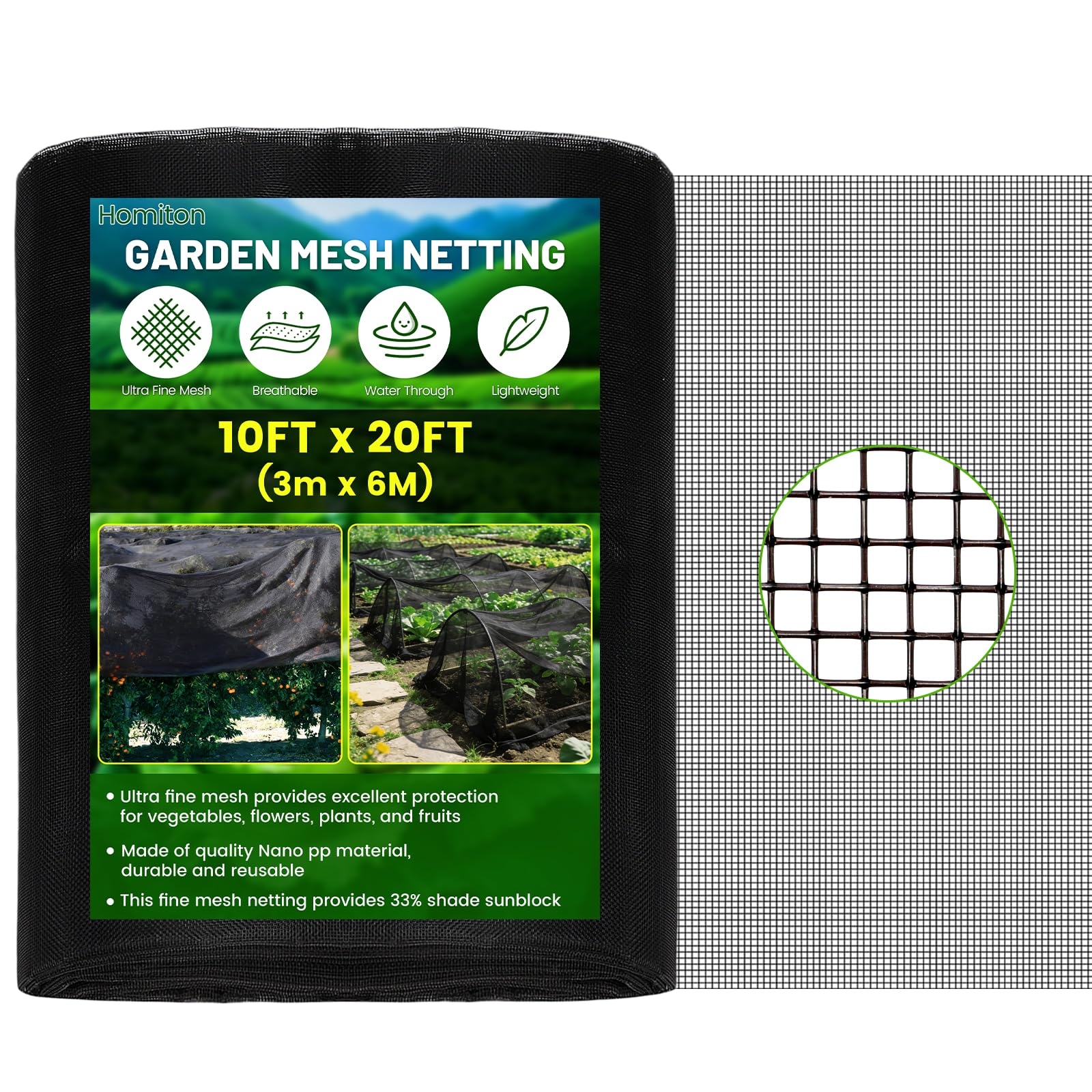 Homiton Stronger Garden Mesh Netting, 10 x 20 FT Ultra Fine Nano PP Plant Covers, Small Animals Bird Net Barrier Screen for Vegetables Plants Fruits Flowers Protection, Shading Rate 33%