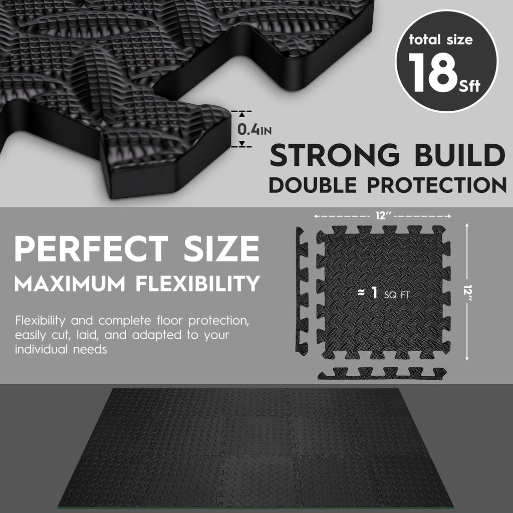 Haulcove 18pcs Puzzle Exercise Mat, 12.6"x12.6"x0.4", 18sqft EVA Interlocking Foam Floor Tiles, Non-Slip, Protective, Water-Resistant Flooring for Home Gym & Workout Equipment, Black