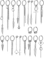 Hicarer 20 Pcs Men Dangle Earrings Stainless Steel Huggie Hoop Drop,Silver