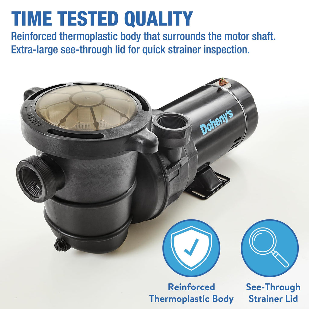 Doheny's 1 HP Above Ground Swimming Pool Pump | 115V, 75 GPM (0.9 THP) | Stainless Steel Shaft, Reinforced Thermoplastic, Low-Noise, High-Efficiency | 1.5" Internal & 2.5" External Threading
