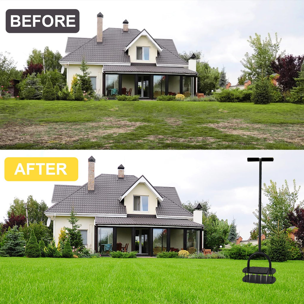 Aerator Lawn Tool, 16 Iron Spikes Manual Lawn Aerators with 3-Layer Anti-Loose Cover & Spring Auto Soil Clean, Yard Grass Aerator for Healthier Lawn, Garden Tool, Pre-Assembled Base for Easy Setup