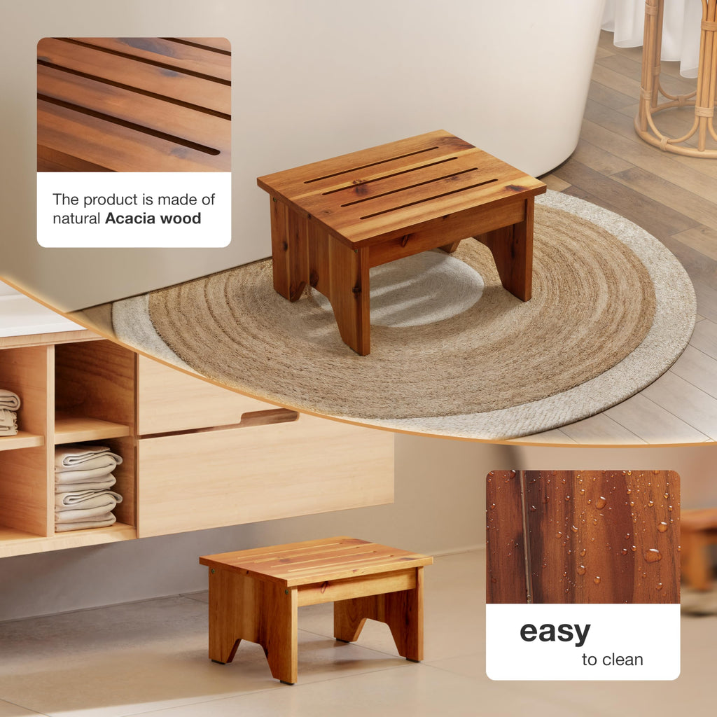 Holana 9" Acacia Wood One Step Stool for Adults - 300 Lbs Wooden Step Stools Heavy Duty for High Bed Riser, Bathroom, Bedroom - Small Stepping Stool for Elderly, Seniors, Kids, Handicap Use Indoor